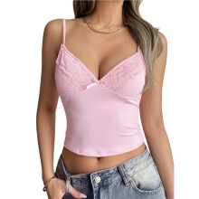 Women'S Lace Trim V-Neck Spaghetti Strap Fitted Cropped Tank Tops L