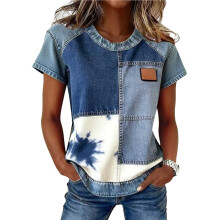 Trendy Damestops, Zomerse Shirts met Kleurblokken en Ronde Hals, Zakelijke Casual Damesblouses Denim Splitsen XXL
