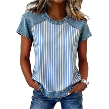 Trendy Damestops, Zomerse Shirts met Kleurblokken en Ronde Hals, Zakelijke Casual Damesblouses Verticale Strepen XXL