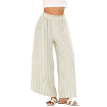 Women'S Summer Casual Loose Striped Wide Leg Lounge Pants Elastic Waist Palazzo Trousers Light Green Stripes M