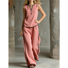 Women'S Linen and Cotton Sleeveless Top and Pants Two-Piece Set Summer Outfits Beach Travel Set Rose Red S