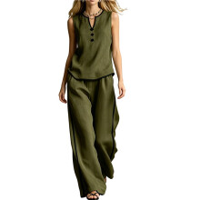 Women'S Linen and Cotton Sleeveless Top and Pants Two-Piece Set Summer Outfits Beach Travel Set Army Green L