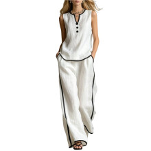 Women'S Linen and Cotton Sleeveless Top and Pants Two-Piece Set Summer Outfits Beach Travel Set White S