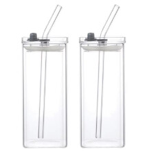 Glass Cups Square Bar Mug Glassware Cocktail Glasses with Straws for Water Coffee Juice Beer Wine Bar Kitchen Party