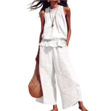 Kvinnor Sommar 2-Delade Outfits Ärmlös Volangtop Wide Leg Byxor Set med Fickor Vit XL