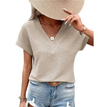 Frauen Kurzarm Texturierte Tops Sommer Lässige V-Ausschnitt Einfarbige Lockere Basis T-Shirts Tee Blusen Aprikosenfarbe XS