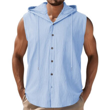 Mens Linen Shirts Hoodies Sleeveless Casual Sweatshirts Button Down Summer Beach Wedding Shirts Light M