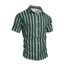 Mens Casual Stylish Collared Short Sleeve Button- Striped Dress Shirt Beach Shirts Green L