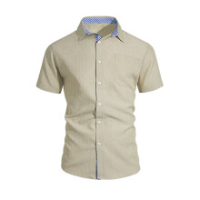 Mens Linen Short Sleeve Shirts Casual Button Down Shirt Beach Vacation Summer Tops with Pocket Khaki XL