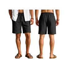 Mens Linen Shorts Casual Elastic Waist Drawstring Beach Vacation Yoga Shorts with Pockets Black L