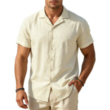 Mens Linne Skjortor Kort Ärm Avslappnade Skjortor Knäppning Skjorta för Män Strand Sommar Bröllop Skjorta Beige XL