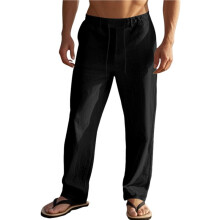 Herrens Enkla Avslappnade Elastiska Midja Dragsnörpantalonger med Raka Ben i Linne Svart S