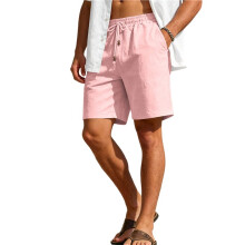 Heren Linnen Shorts Casual Elastische Taille met Touwtje Strand Vakantie Yoga Shorts met Zakken Roze S