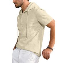 Mens Cotton Linen Shirts Short Sleeve Casual Button Hoodies Hawaiian Beach Top with Drawstring Khaki XXXL