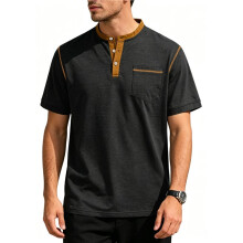 Herr Henley V-Ringad Skjorta Kort Ärm T-Shirt Avslappnad Topp Pullover Sommar T-Shirt med Knapp Svart XXL