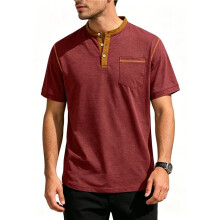 Herr Henley V-Ringad Skjorta Kort Ärm T-Shirt Avslappnad Topp Pullover Sommar T-Shirt med Knapp Vinröd L