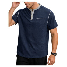 Herr Henley V-Ringad Skjorta Kort Ärm T-Shirt Avslappnad Topp Pullover Sommar T-Shirt med Knapp Mörkblå S