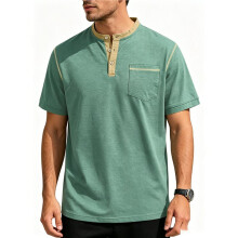 Herr Henley V-Ringad Skjorta Kort Ärm T-Shirt Avslappnad Topp Pullover Sommar T-Shirt med Knapp Mörkgrön XXXL