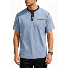 Herr Henley V-Ringad Skjorta Kort Ärm T-Shirt Avslappnad Topp Pullover Sommar T-Shirt med Knapp Ljusblå XXL