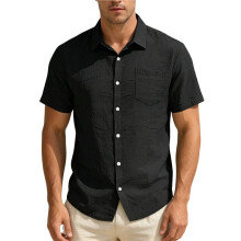 Mens Short Sleeve Button Down Linen Blend Shirt Casual Loose Fit with Pockets Black M