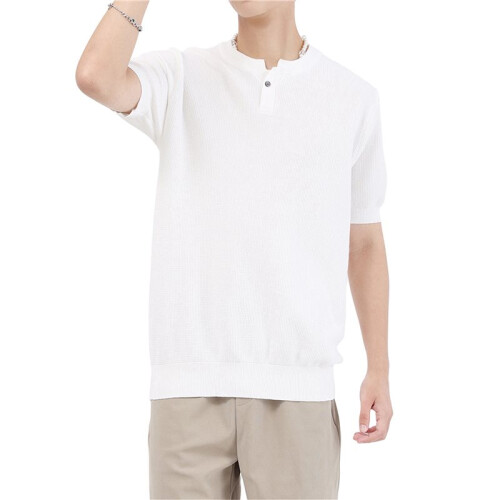 Herr Slim Fit Vintage Stickad T-Shirt Kort Ärmar Krage Solid Pullover Tröja Topp Tee Vit M