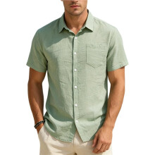 Mens Short Sleeve Button Down Linen Blend Shirt Casual Loose Fit with Pockets Light Green XL