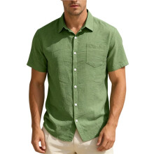 Mens Short Sleeve Button Down Linen Blend Shirt Casual Loose Fit with Pockets Ink Green XXL Dark Green
