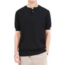 Men'S Slim Fit Vintage Knitted T-Shirt Short Sleeve Collar Solid Pullover Sweater Top Tee Black L