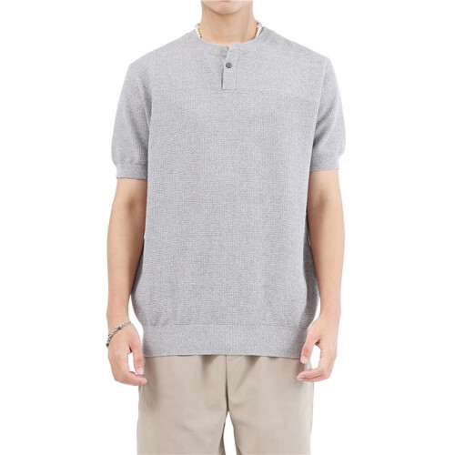 Herr Slim Fit Vintage Stickad T-Shirt Kort Ärmar Krage Solid Pullover Tröja Topp Tee Blomgrå M