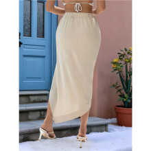 Women'S High-Waisted Midi Skirt: Irregular Hem, Fringes, Ruffles, and Bodycon Fit Apricot Color S