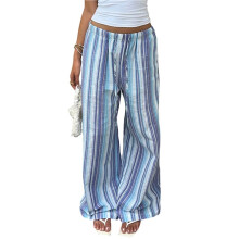 Women'S Striped Elastic Waist Drawstring Loose Wide Leg Floor Length Casual Pants Stripes M