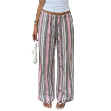 Women'S Striped Elastic Waist Drawstring Loose Wide Leg Floor Length Casual Pants Gray Striped XL