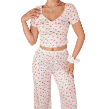 Kvinnors Blommig Tryck Ribbad Kortärmad Crop Top & Långa Byxor Loungewear Pyjamas Set Vit L