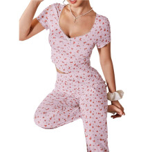 Kvinnors Blommig Tryck Ribbad Kortärmad Crop Top & Långa Byxor Loungewear Pyjamas Set Rosa M