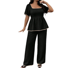 Womens 2 Piece Outfits Top Wide Leg Pants Travel Lounge Sets Black 4XL