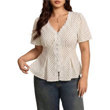 Womens Size Tops Lace V Neck Short Sleeve Eyelet Blouse Loose Casual Peplum Shirts White XL