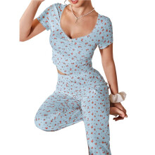 Kvinnors Blommig Tryck Ribbad Kortärmad Crop Top & Långa Byxor Loungewear Pyjamas Set Himmelblå S