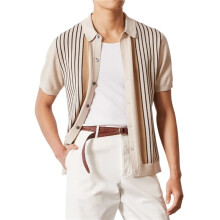 Mens Knit Button Down Shirts Short Sleeve Shirt Vintage Striped Casual Shirts Apricot Color M