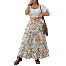 Maxi Skirts for Women Boho Floral High Waist Casual Flowy Long Skirt Beach Vacation Apricot Color XXL