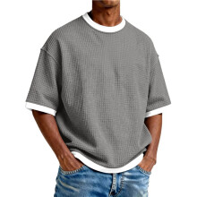 Crewneck Waffle Skjortor för Män Kortärmad Lös Utomhus Löpning T-Shirt i Solid Färg Reseskjorta Grå M