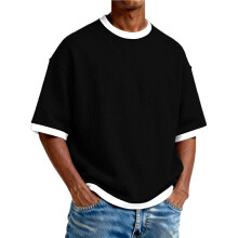 Crewneck Waffle Skjortor för Män Kortärmad Lös Utomhus Löpning T-Shirt i Solid Färg Reseskjorta Svart L