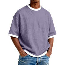 Crewneck Waffle Skjortor för Män Kortärmad Lös Utomhus Löpning T-Shirt i Solid Färg Reseskjorta Lila S