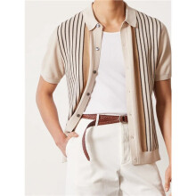 Mens Knit Button Down Shirts Short Sleeve Shirt Vintage Striped Casual Shirts Apricot Color XXL