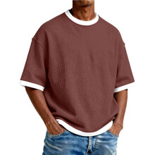 Crewneck Waffle Skjortor för Män Kortärmad Lös Utomhus Löpning T-Shirt i Solid Färg Reseskjorta Vinröd XXL
