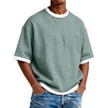 Crewneck Waffle Skjortor för Män Kortärmad Lös Utomhus Löpning T-Shirt i Solid Färg Reseskjorta Ljusgrön M