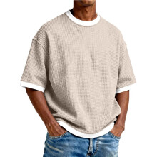 Crewneck Waffle Skjortor för Män Kortärmad Lös Utomhus Löpning T-Shirt i Solid Färg Reseskjorta Kaki XXL