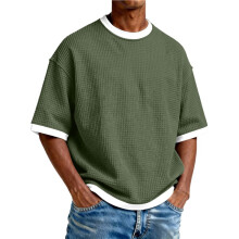 Crewneck Waffle Skjortor för Män Kortärmad Lös Utomhus Löpning T-Shirt i Solid Färg Reseskjorta Armégrön L