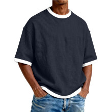 Crewneck Waffle Skjortor för Män Kortärmad Lös Utomhus Löpning T-Shirt i Solid Färg Reseskjorta Marinblå XL