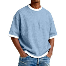 Crewneck Waffle Skjortor för Män Kortärmad Lös Utomhus Löpning T-Shirt i Solid Färg Reseskjorta Himmelblå L