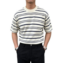 Men'S Short Sleeve Knit Stripe Shirt Crewneck Classic Regular Fit Basic Sweater Pullover Top Apricot Color XXXL